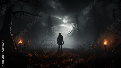 Horror a lonely silhouette in a gloomy foggy forest, maniac thriller the darkness of the night