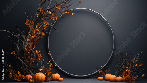Fotografija round arch, frame of branches and leaves autumn theme on a dark background, pres