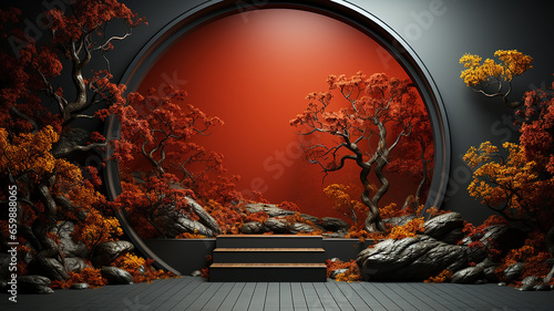 round arch, frame of branches and leaves autumn theme on a dark background, presentation of a new product, stage