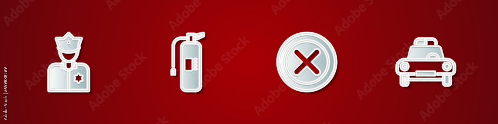 Set Police officer, Fire extinguisher, X Mark, Cross circle and car and flasher icon. Vector Set Police officer, Fire extinguisher, X Mark, Cross circle and car and flasher icon. Vector
