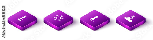Set Isometric Beer bottle, Snowflake, Canadian spruce and Indian teepee or wigwam icon. Vector