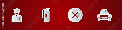 Set Police officer, Fire extinguisher, X Mark, Cross circle and car and flasher icon. Vector
