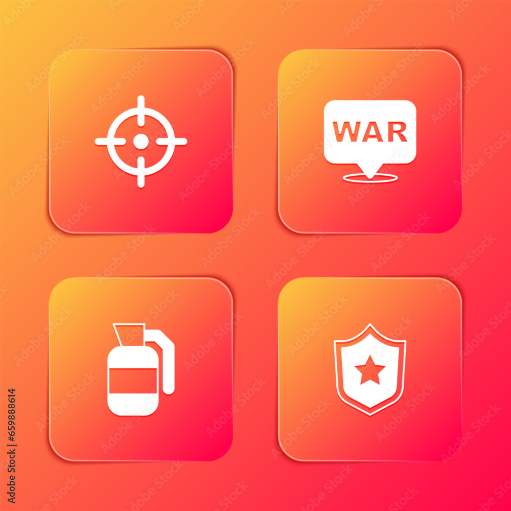 Set Target sport, The word war, Hand grenade and Police badge icon. Vector Set Target sport, The word war, Hand grenade and Police badge icon. Vector
