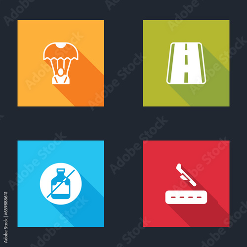 Set Parachute  Airport runway  No alcohol and Plane landing icon. Vector