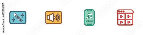 Set Photo retouching, Speaker volume, Music player and playlist icon. Vector