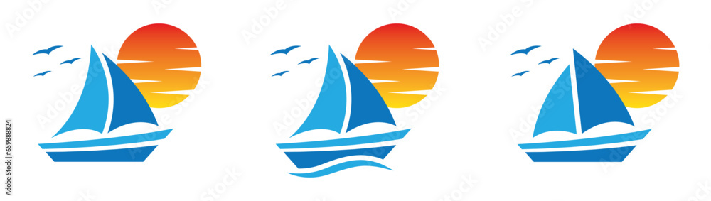 Sailboat on the sea icon. Sailboat and sunset icon, vector illustration Sailboat on the sea icon. Sailboat and sunset icon, vector illustration