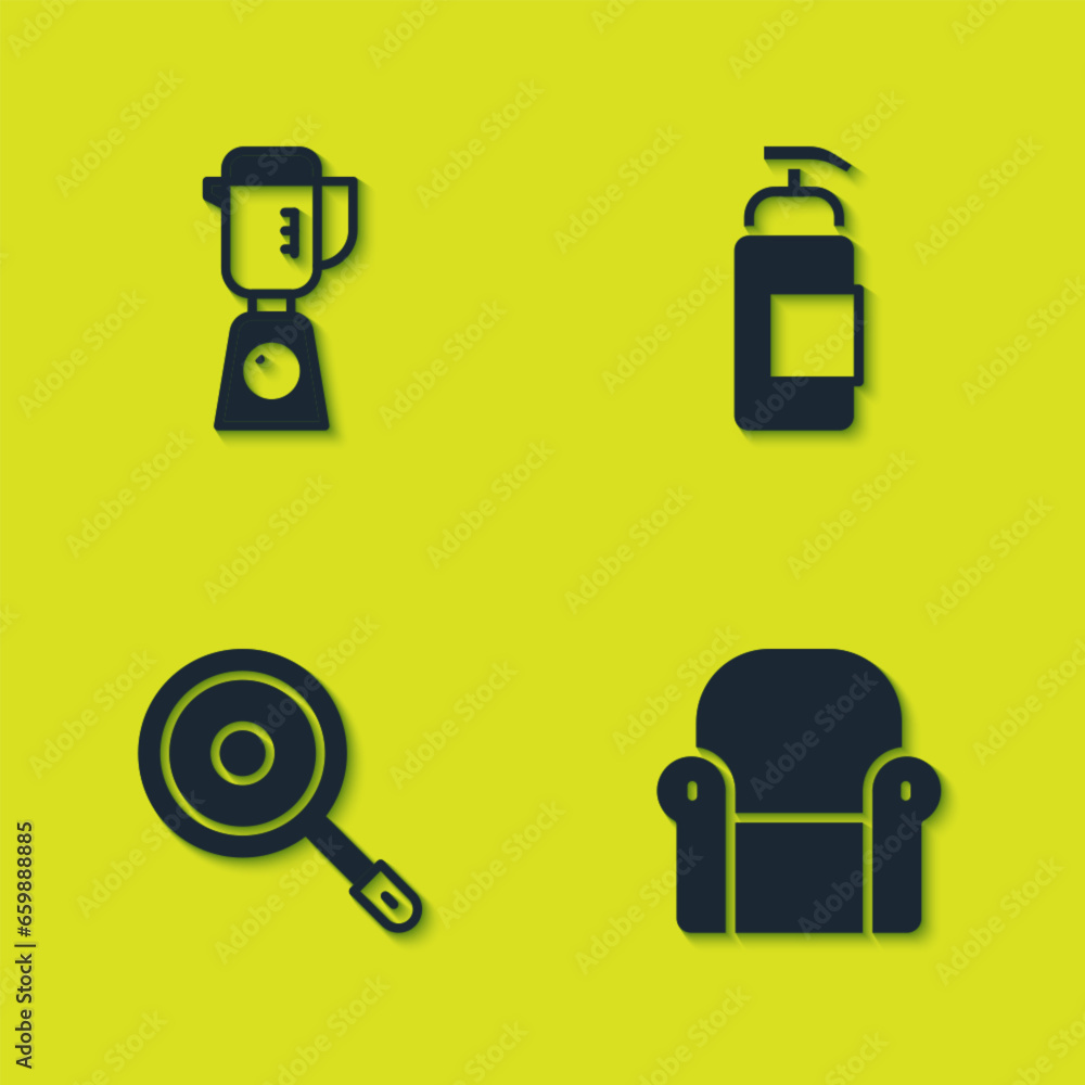 Set Blender, Armchair, Frying pan and Antibacterial soap icon. Vector Set Blender, Armchair, Frying pan and Antibacterial soap icon. Vector