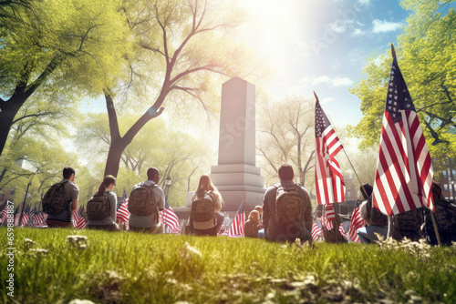 A group of young students, people on a sunny day sit on the grass next to the national American flag at a war memorial. Respect and gratitude to those who died in wars for freedom. Day of Remembrance