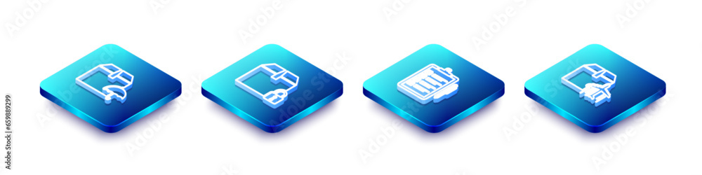 Set Isometric line Delivery package with umbrella, Locked, Verification of delivery list and Plane and cardboard box icon. Vector Set Isometric line Delivery package with umbrella, Locked, Verification of delivery list and Plane and cardboard box icon. Vector