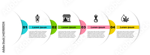 Set line Cup coffee with marijuana, Marijuana and cannabis store, Test tube and leaf oil. Business infographic template. Vector
