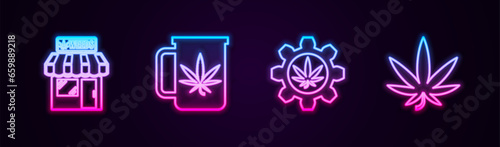 Set line Marijuana and cannabis store, Cup tea with marijuana, Test tube and leaf. Glowing neon icon. Vector