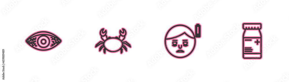 Set line Reddish eye allergic conjunctivitis, Fatigue, Crab and Medicine bottle and pills icon. Vector Set line Reddish eye allergic conjunctivitis, Fatigue, Crab and Medicine bottle and pills icon. Vector