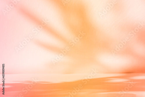 Abstract pastel color gradient studio background for product presentation. Empty room with shadows of window and flowers and palm leaves . 3d room with copy space. Summer concert. Blurred backdrop.