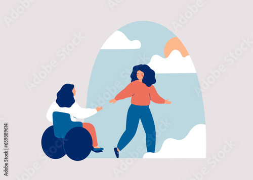 Woman aids person with limited mobility gets rid of depression, anxiety and stress. Friend or caregiver supports female in the wheelchair and helps start the new life. Psychological concept. Vector photo