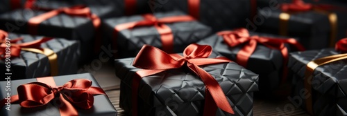 Black gift boxes with red ribbon.