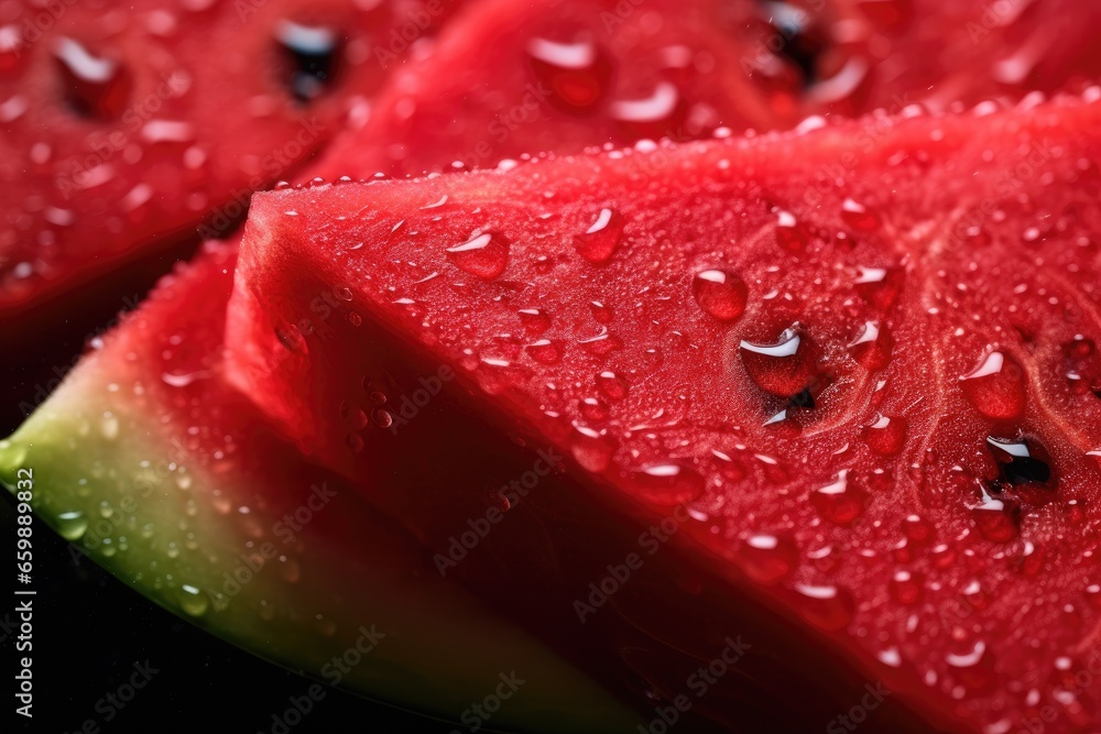 Macro texture of tasty red watermelon with drops of water for background. Generative AI Macro texture of tasty red watermelon with drops of water for background. Generative AI