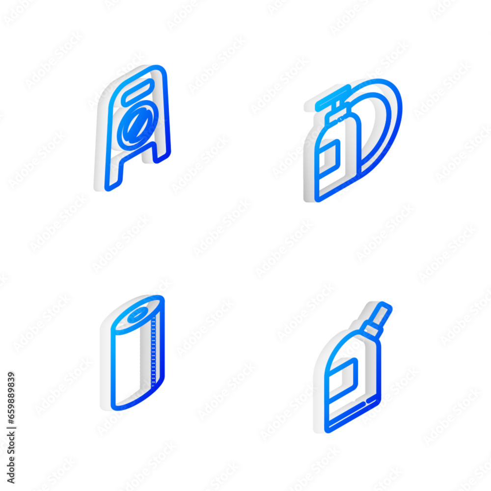 Set Isometric line Dishwashing liquid bottle and plate, Wet floor cleaning progress, Paper towel roll and Bottles for agent icon. Vector Set Isometric line Dishwashing liquid bottle and plate, Wet floor cleaning progress, Paper towel roll and Bottles for agent icon. Vector
