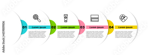 Set line Magnifying glass and marijuana, Medical cream with, Rolling paper and Herbal ecstasy tablets. Business infographic template. Vector