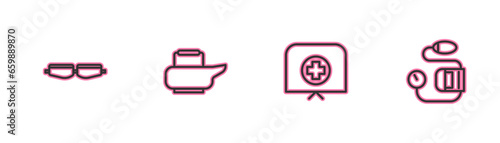 Set line Safety goggle glasses, Nurse hat with cross, Bedpan and Blood pressure icon. Vector