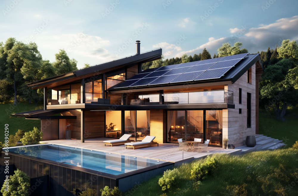 Solar panels on the roof of the house. Beautiful and stylish house, cozy accommodation. Economical energy consumption. Renewable energy. Green energy. Eco house. Solar panels on the roof of the house. Beautiful and stylish house, cozy accommodation. Economical energy consumption. Renewable energy. Green energy. Eco house.