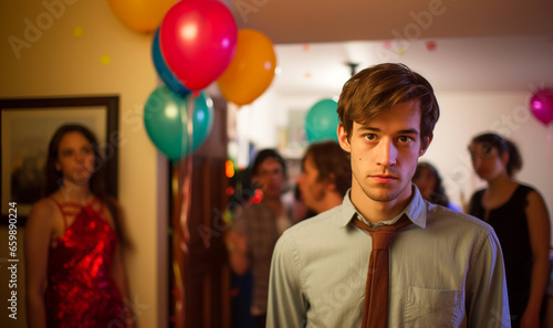 Young bored unhappy man at a home party. Portrait of his he nice attractive depressed dumped guy feeling bad after party