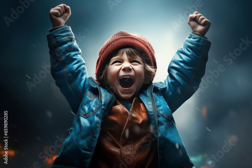 Photo of happy charming nice little boy winner raise fists smile. Lucky brunette kid. Cute smart young boy shows winning gesture. Very happy and excited kid boy doing winner gesture with arms raised