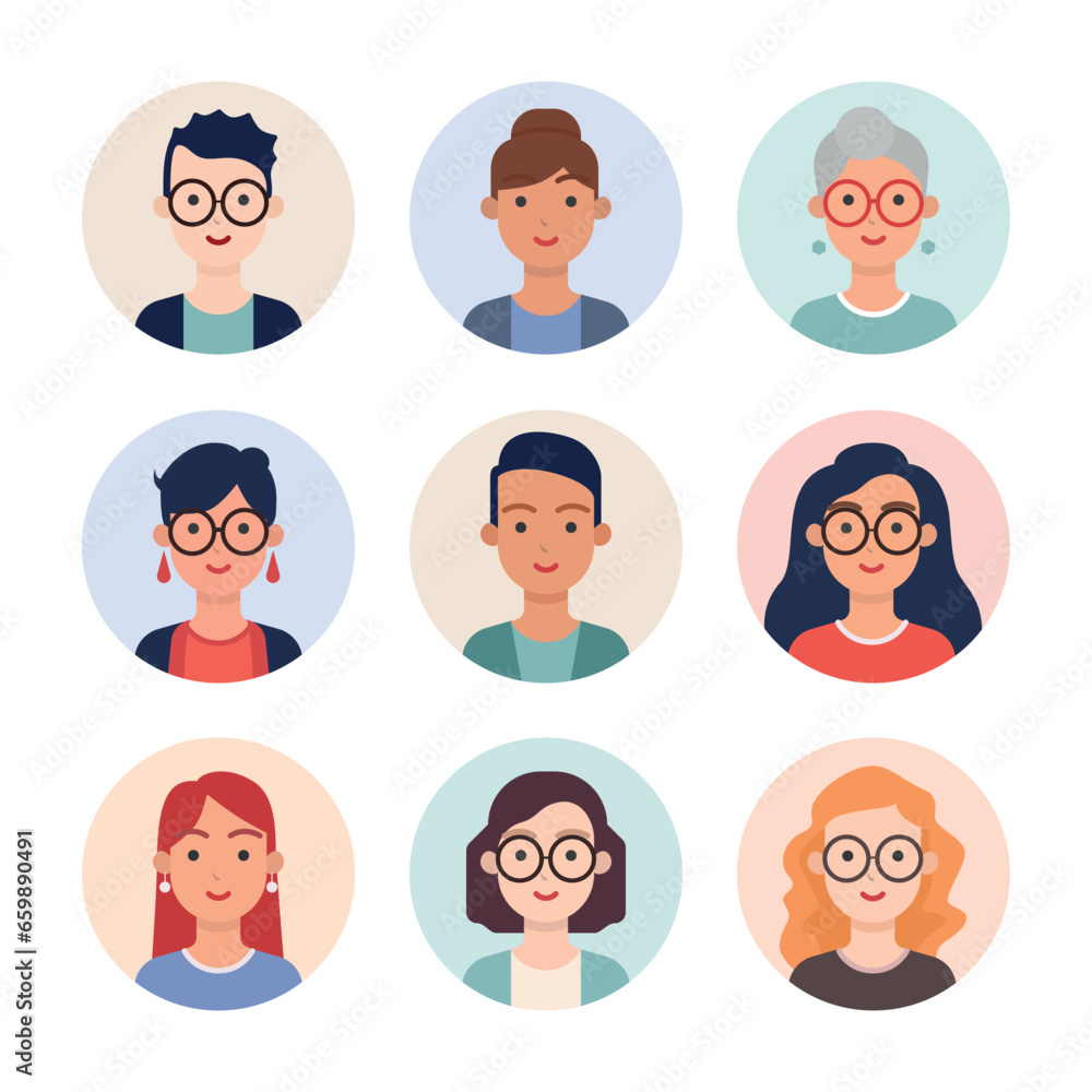 Portraits and avatars of people at round frame. Different men and women characters collection. Flat colorful vector illustration. Cartoon style. Freehand drawing Portraits and avatars of people at round frame. Different men and women characters collection. Flat colorful vector illustration. Cartoon style. Freehand drawing