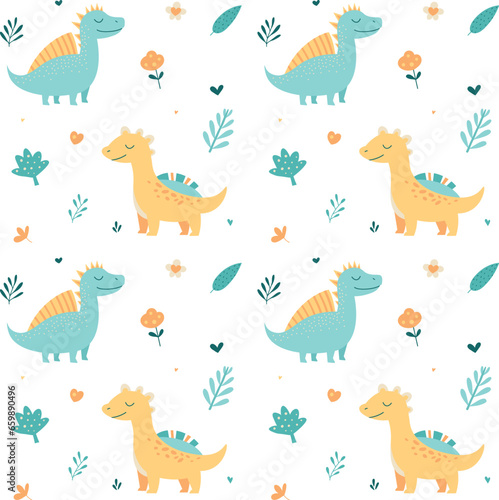Pattern with cute dinosaurs in pastel colors and small plants. Cute childish seamless pattern in cartoon style. Flat colorful vector illustration. Freehand drawing