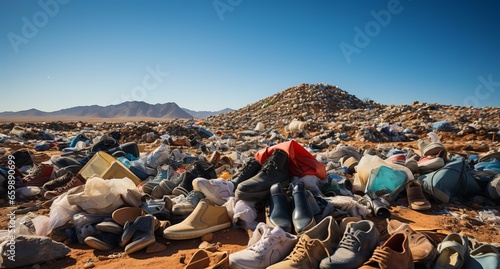 mountain of discarded clothes, textile waste, consumption problems and "fast fashion", Discarded things, pollution of the planet with synthetic products.