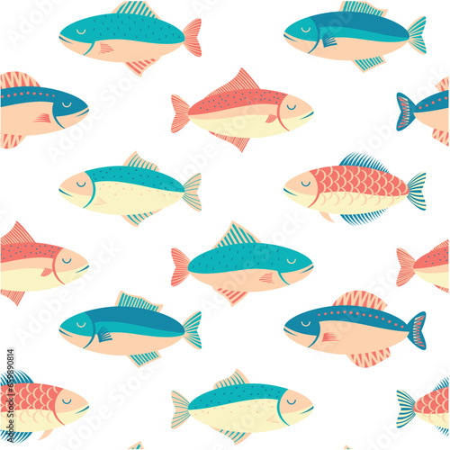 Vibrant fish in geometrical style seamless pattern. Underwater sealife design. Hand drawn nautical wallpaper. Flat colorful vector illustration. Cartoon style. Freehand drawing