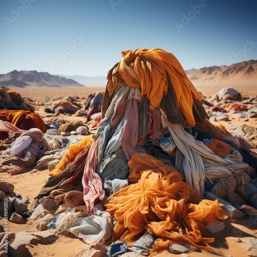 mountain of discarded clothes, textile waste, consumption problems and "fast fashion", Discarded things, pollution of the planet with synthetic products.