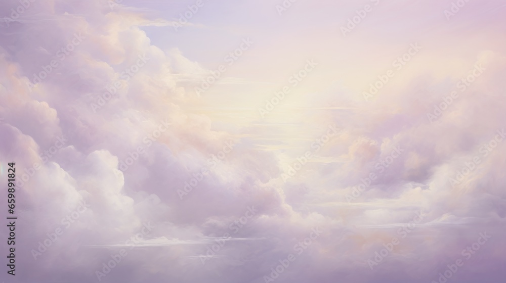  a painting of a plane flying in the sky with clouds.  generative ai