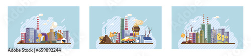 Industrial pollution. Dirty waste. Environmental pollution. Vector illustration. Smokes with smog are daily sight in many industrialized cities Trash emission strategies must include community