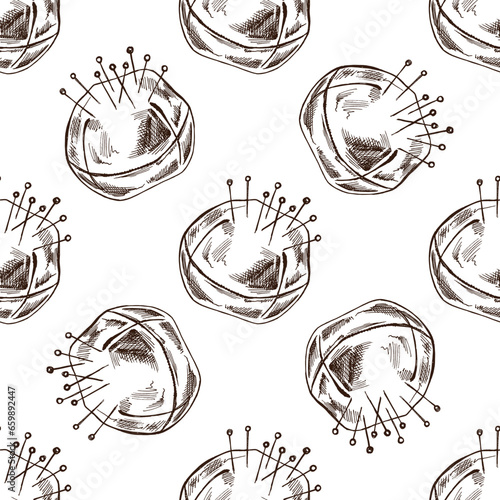 Seamless pattern of hand drawn pincushion with needles and pins. Handmade, sewing equipment concept in vintage doodle style. Engraving style.