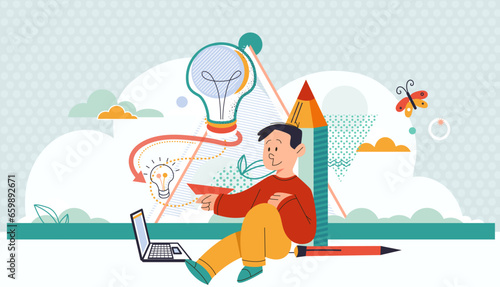 Little boy using notebook computer at room with creative idea icons. Cartoon cute kid siting on floor. Concept of learning and enjoying online. Children self-study at home with laptop. drawing lessons