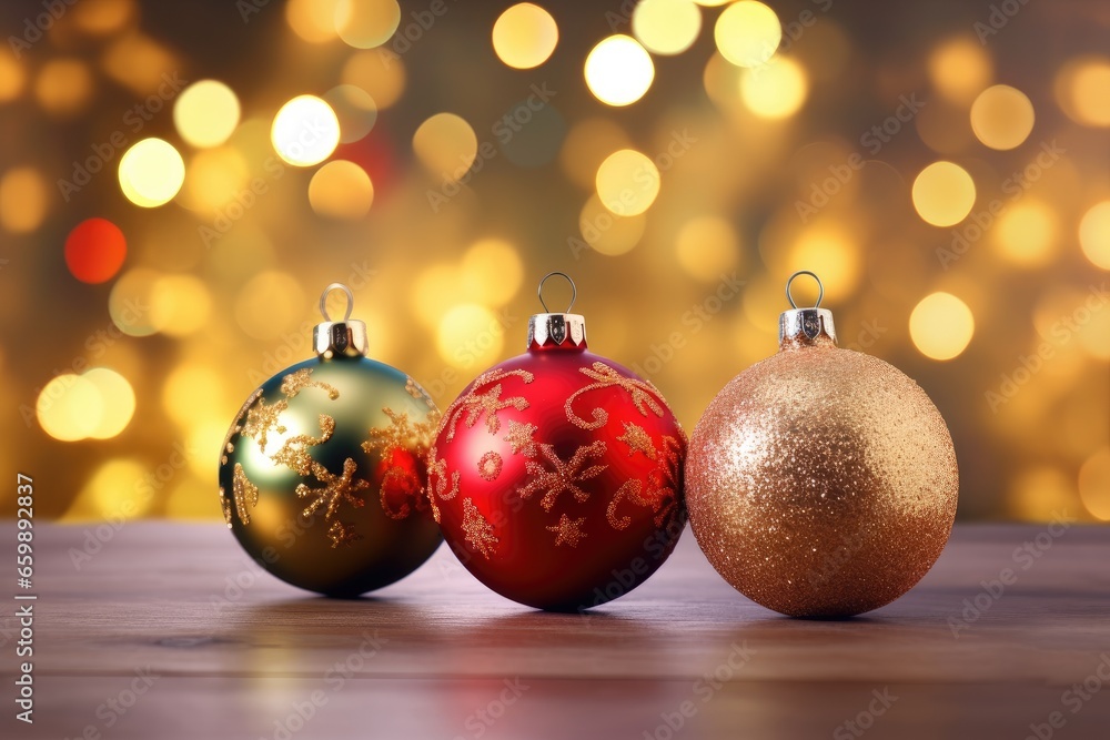 Red and Gold Christmas balls with bokeh lights. Merry Christmas ornaments. Red and Gold Christmas balls with bokeh lights. Merry Christmas ornaments.