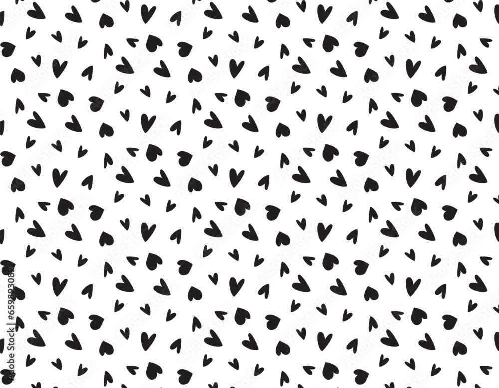 Abstract print of black hearts on transparent background, seamless pattern, vector. Valentine's Day. Star sky.