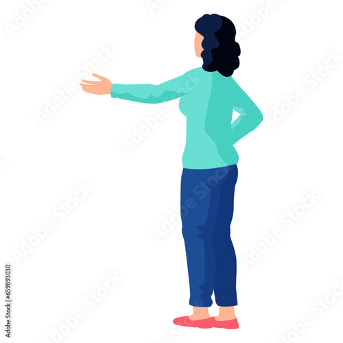 Young woman stands, makes gesture by hand and shows something back view isolated on white. Girl pointing somewhere, female character stretched out her hand, talking, communicates emotionally