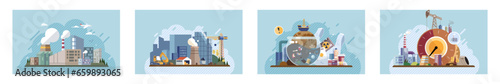 Industrial pollution. Dirty waste. Environmental pollution. Vector illustration. Trash emission strategies must include community participation Environmental pollution is burden on future generations