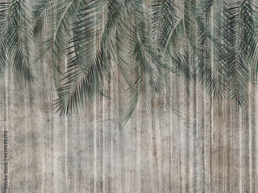 Fototapeta liście palmy na starej ścianie