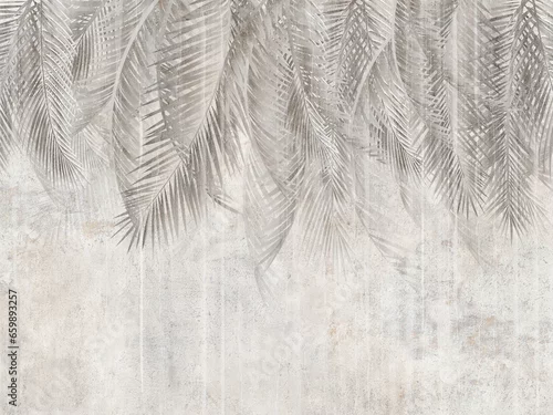 Obraz Palm leaves on the wall, tropical leaves. Illustration for wallpaper, card, poster, decoration. Mural.