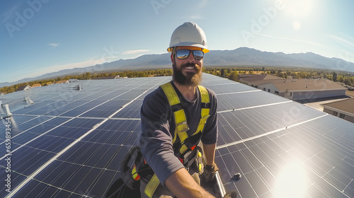 Technician installing solar panels on a roof and   setting up photovoltaic solar panel system while taking a selfie - Sustainable energy and maintenance concept - Model by AI generative
 photo