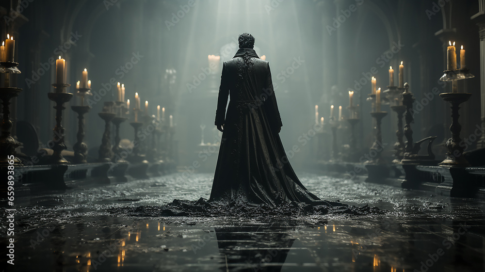 Dark person view from the back in the throne room horror, lord of evil gloomy game background. Dark person view from the back in the throne room horror, lord of evil gloomy game background.
