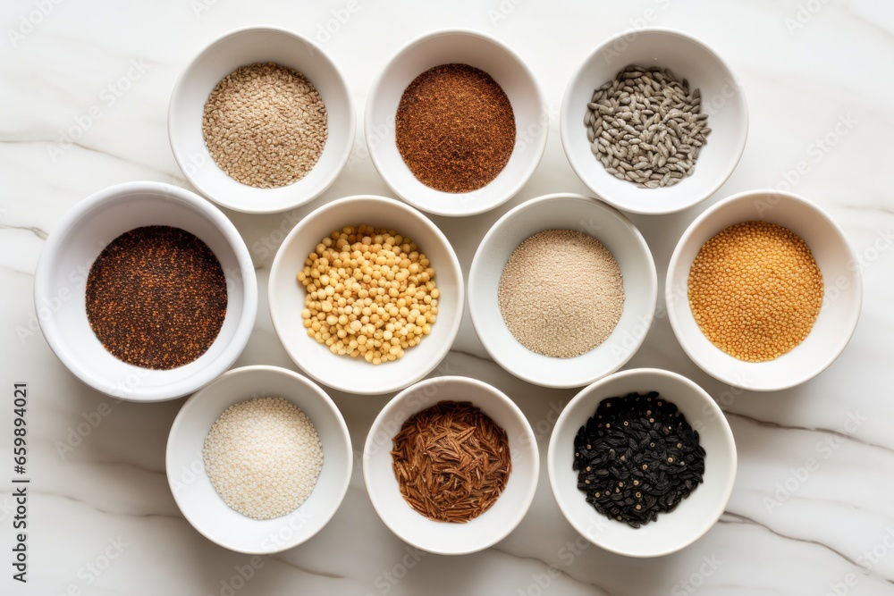 Set of white bowls with various grains. Ears of wheat. Healthy eating concept Set of white bowls with various grains. Ears of wheat. Healthy eating concept