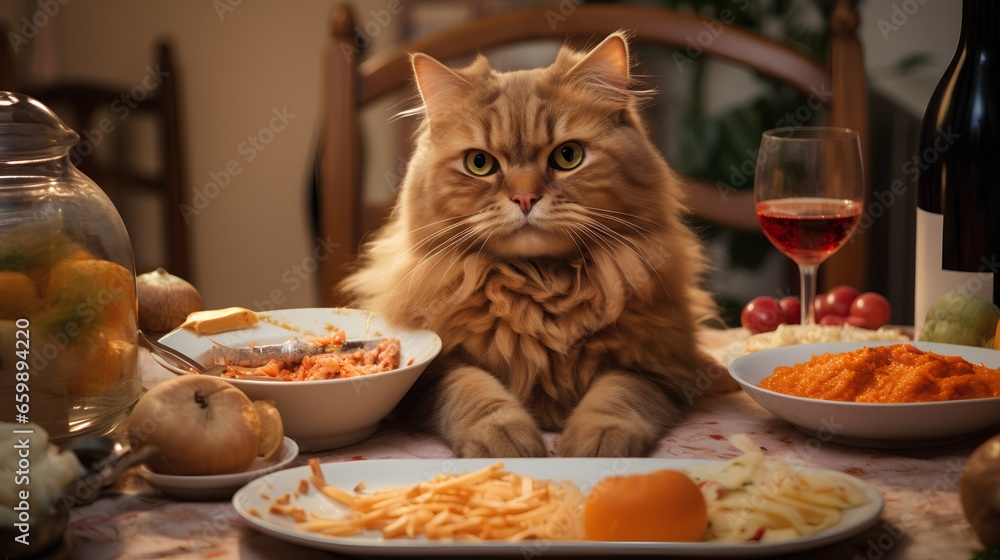 Fototapeta premium Domestic cat with human food in kitchen. Pet sitting on chair and enjoys classic owner food from plates. Nutritious and complex meal with drink.