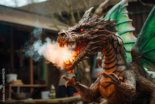 Wooden dragon statue with fire in the form of a dragon. Selective Focus.