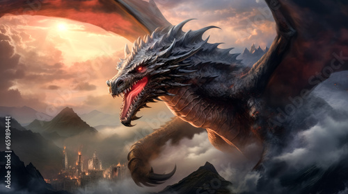 A mesmerizing dragon gracefully soars in the sky, its majestic wings spread wide against a backdrop of fiery clouds and golden light.
