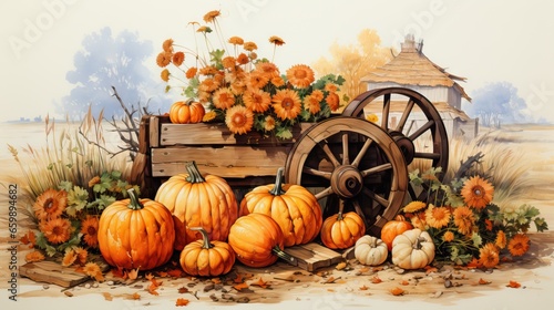  a painting of a wagon filled with pumpkins and flowers. generative ai