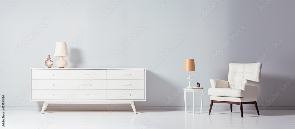 White furniture photographed in a studio With copyspace for text