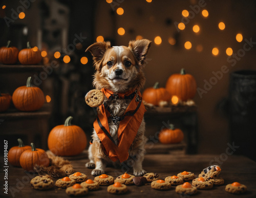 Perro pequeño blanco y marrón con un disfraz de halloween naranja al lado de una galleta de chocolate sobre un fondo naranja con luces de colores y calabaza.